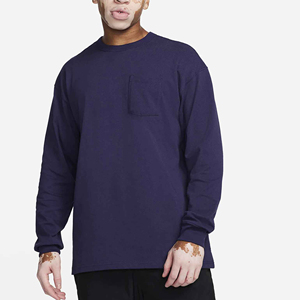Camiseta de Manga Larga para Hombre, Color Azul Marino, Cuello Redondo, Tejido de Punto, Corte Holgado Informal, 100% Algodón, 200 Gramos, Diseño con Bolsillo de Dibujos Animados - Product Image 1