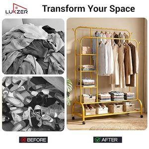 Modern golden <b>Metal</b> Clothing <b>Rack</b> With <b>Shelves</b> And Shoe Storage For Living Room Standing Type Multifunctional Design - Product Image 6