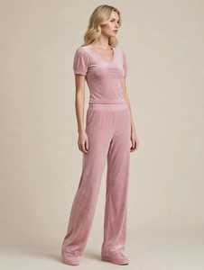 Women <b>Velvet</b> 2 Piece Lounge Set Short Sleeve V Neck <b>Top</b> And Long Pants - Product Image 4