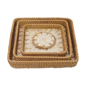 Plateau de service carré minimaliste en rotin avec incrustation de nacre blanche, plateau de présentation pour table basse, décoration moderne pour la maison, OEM ODM - Product Image 1