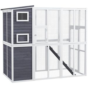 Cuccia per Animali Domestici da Esterno in Legno Grigio Chiaro con Piattaforme, Tetto in Asfalto e Rampe - Arredamento per Animali - Product Image 1