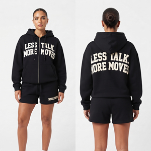 Conjunto de Sudadera con Capucha y Cordón de Chenilla y Pantalones Cortos de Felpa de Algodón Pesado para Mujer, Estampado de Invierno - Product Image 1