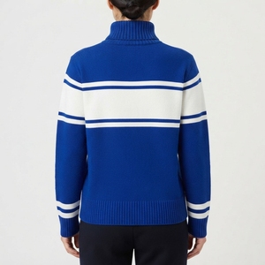 <b>Custom</b> Logo Women's Blue Knit Crew Neck Cardigan Front Blue White Striped Long Sleeve Unisex Anti-Wrinkle Polyester/Cotton All - Product Image 4