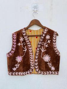 Brown Velvet Lightweight Bohemian <b>Floral</b> Embroidered Zipper Closure Cotton Vest Women Short V-neck Streetwear <b>Waistcoat</b> - Product Image 1