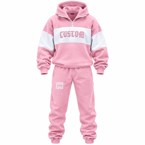 Sudadera con capucha de forro polar 100% algodón, cortavientos, con bloques de color y bordado personalizado, conjunto unisex oversize con cremallera de un cuarto, estilo casual streetwear - Product Image 1