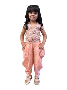 Haut sans manches tissé Twisha orné de motifs avec Dhoti-Peach pour filles - Product Image 1