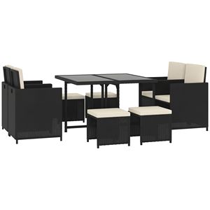 Set da pranzo da esterno in vimini a 8 pezzi con tavolo quadrato in vetro e cuscini, sedie e pouf salvaspazio in rattan - Product Image 1