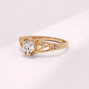 Anillo de Compromiso de Oro Sólido Puro de 14K con Forma de Corazón Real y Filigrana Delicada, Anillo de Diamantes Cultivados en Laboratorio con Banda de Corazón de Amor Eterno - Product Image 2