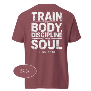 T-shirt pour homme à manches courtes, col rond, couleur brique, imprimé, coupe classique, idéal pour la gym, avec la phrase « Train Your Body Discipline Your Soul » - Product Image 1