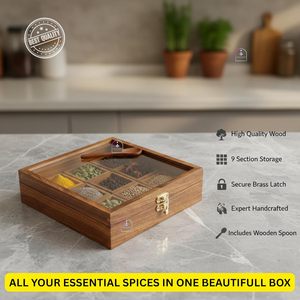 Caja de especias de madera tallada a mano con almacenamiento compartimentado para uso en la cocina, diseño moderno. - Product Image 3