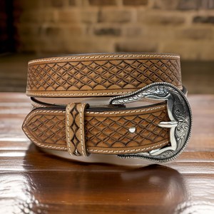 Cinturón de Cuero Estilo Western con Grabado Artesanal de Hojas de Vaquero y Hebilla de Aleación (Latón/Acero Inoxidable/Aleación) - Product Image 1