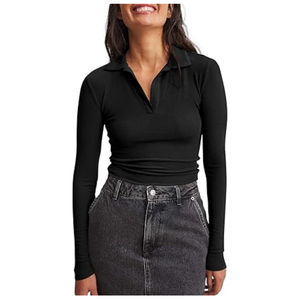 Suéter de Punto Acanalado para Mujer, Corte Ajustado, Manga Larga, Cuello Redondo, Color Sólido, Elegante, con Logotipo, Otoño, Transpirable, Mezcla de Algodón - Product Image 3