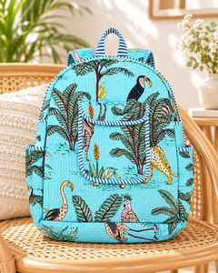 Dreamy Light Blue Cotton Quilted <b>Backpack</b> <b>with</b> Nature Inspired Bird Print and Handmade Charm Trendy Light Blue Quilted Cotton - Product Image 3