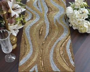 Rectangular Beaded <b>Table</b> Runner Fabric Mats Glam Handmade Gold Silver Wave Design - Product Image 4