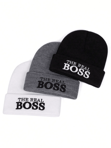 The Real Boss Bonnet brodé unisexe, style décontracté, noir, blanc, gris, 56-58CM, en acrylique tricoté - Product Image 4