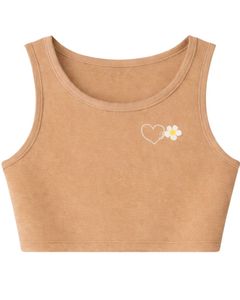 Women Ribbed Crop Tank <b>Top</b> And Drawstring Shorts Set Camel Beige With <b>Heart</b> Daisy Embroidery Casual Lounge Two Piece Outfit - Product Image 3