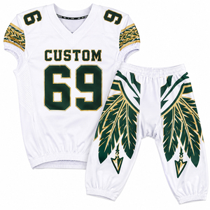Ensemble d'uniformes de football américain personnalisés blanc, vert, or, maillot sublimé, pantalon, col en V, manches courtes, maille respirante - Product Image 1