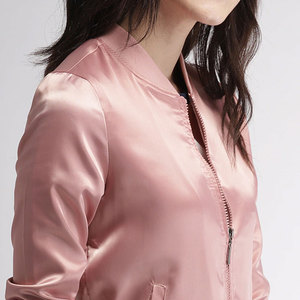 Pink Satin Bomber <b>Jacket</b> <b>Women</b> Full Sleeve Zipper Closure Stand Collar <b>Spring</b> Fashion Outerwear Regular Fit Solid Color - Product Image 3