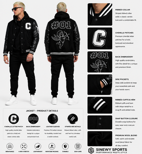 SINEWY SPORTS <b>Men's</b> Black Varsity <b>Jacket</b> PU Leather Sleeves Chenille Patch Embroidery Snap Button Closure Streetwear Autumn Wear - Product Image 1
