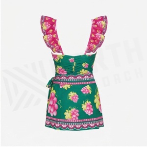 Floral Print Women's 2 Piece Tankini <b>Set</b> With Ruffled Neckline And <b>Skirt</b> Bottoms Stretch Swimwear - Product Image 2