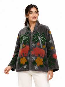 Veste élégante et confortable pour femme, faite à la main, en velours Suzani brodé, motif rhinocéros et taureau, couleur gris velours, art populaire coloré, style bohème - Product Image 2