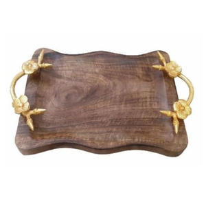 Luxury Handcrafted Mango Wood Serving <b>Tray</b> With Antique Gold Leaf Brass Handles Elegant Oval Decorative Platter For <b>Snack</b> Coffee - Product Image 2