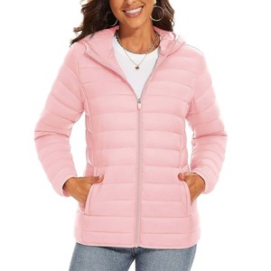 Pink Quilted Hooded <b>Jacket</b> <b>Women</b> Full Sleeve Zipper Closure Solid Color Autumn <b>Lightweight</b> Puffer Coat - Product Image 1