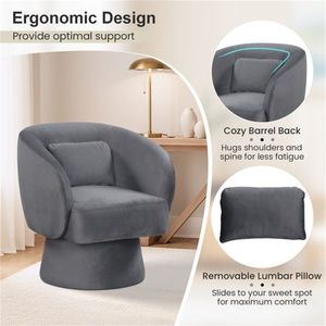 Poltrona Girevole a 360 Gradi con Capacità di 180 kg, Rivestimento in Peluche, Cuscino Lombare, Ecologica, Grigia, per Hotel - Product Image 5