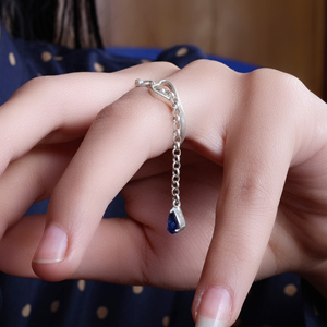 Handmade Silver <b>Ring</b> W/ Chain & Sapphire Unique & Elegant Design 925 Sterling Silver Jewellery for Women and Girls Wear - Product Image 2