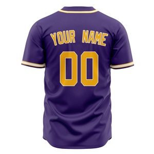 High Quality Custom Purple Baseball Jersey With Gold Trim Screen Printed Teamname 00 Button <b>Down</b> Short Sleeve For Adults Men - Product Image 3
