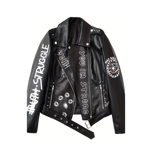 Women's PU <b>Leather</b> Windproof Lightweight Moto <b>Jacket</b> with Print Logo and Zipper Closure Regular Fit Full Sleeve Low Price - Product Image 1