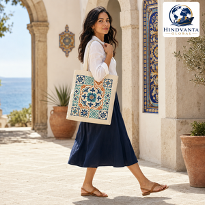 Cotton Canvas Boho <b>Tote</b> <b>Bag</b> with Rope Handle Durable Floral Tile Print Reusable Shopping Carryall for <b>Beach</b> Grocery & Daily Use - Product Image 6