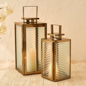 Modern Decorative Metal <b>Lantern</b> Set with Ribbed Glass Panels <b>Gold</b> EPL <b>Lanterns</b> for home & garden decor dinning Christmas Decor - Product Image 1