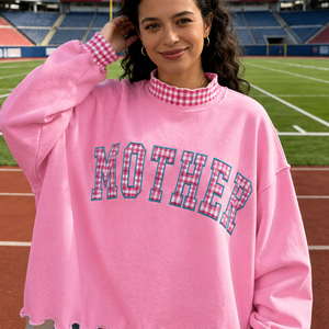 Sudadera Oversize Personalizada con Cuello Alto y Aplique de Letra MOTHER en Gingham, Texto Bordado, Estilo Preppy para el Día de la Madre, Pullover Festivo para Mujer - Product Image 4