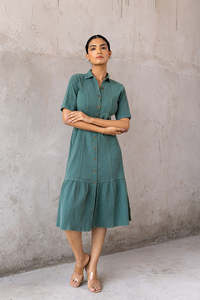 EMERALD COTTON DENIM MAXI <b>DRESS</b> Green Cotton Shirt Midi <b>Dress</b> With <b>Ruffle</b> Hem Turn-down Collar Short Sleeve Casual Daily Wear - Product Image 5