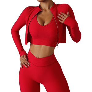 Leggings de sport pour femmes, veste de yoga avec fermeture éclair, haut court côtelé pour l'entraînement, ensemble short de yoga, respirant, léger, à carreaux - Product Image 1