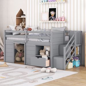 Letto a soppalco basso in legno massello per bambini, con scaletta e cassetto, colore grigio - Product Image 1