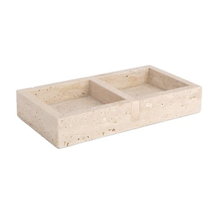 Plateau de service double compartiment en marbre beige travertin de luxe, organisateur en pierre naturelle, plateau de rangement de cuisine haut de gamme, décoration - Product Image 1