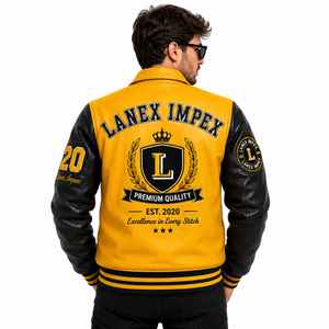 แจ็คเก็ตหนังสีเหลืองดำแบบกำหนดเองสำหรับผู้ชาย แจ็คเก็ตบอมเบอร์สไตล์ Letterman คลาสสิก พร้อมป้ายเชนีล รับผลิตแบบ OEM ODM ขายส่ง - Product Image 4