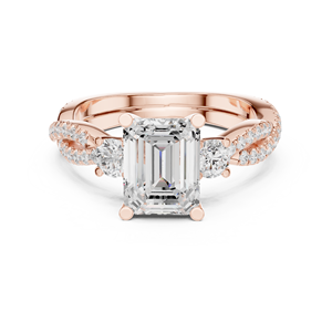 Anillo de Diamante Moissanite con Corte Esmeralda Premium, con Piedras Laterales Redondas, Oro Rosa sobre Plata de Ley, Anillo de Tres Piedras - Product Image 1