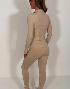 Conjunto de Yoga de 2 Piezas para Mujer, Leggings Largos de Color Sólido, Cintura Media, Chaqueta con Cremallera, Transpirable, con Contraste Frontal - Product Image 2