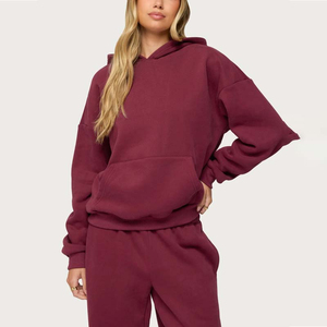 Chándal con Capucha Color Borgoña para Mujer, Manga Larga, Corte Holgado, Color Sólido, Ropa Casual de Otoño con Bolsillos Laterales, Algodón de Peso Medio - Product Image 5