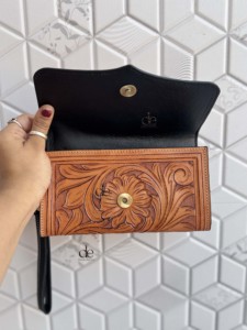 Hand Tooled Carving Leather Clutch Black White Checkered Pattern <b>Wristlet</b> Wallet Multi Uses Western Leather For Women Multi Uses - Product Image 4