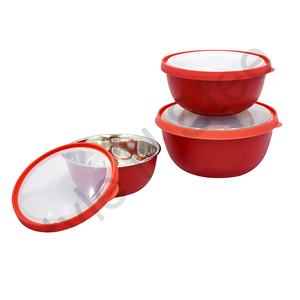 Inside <b>Polish</b> Outside Red Matt Color <b>Plastic</b> Stainless Steel Microwave Safe Bowl With See Through Lid 3 Pcs Set - Product Image 1