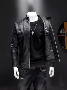 Blouson en cuir véritable pour homme, couleur unie, col montant, coupe ajustée, manches classiques, fermeture éclair, style motard, pour l'automne - Product Image 4