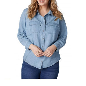 Camisas Vaqueras Elegantes para Mujer, 100% Algodón Orgánico, Dos Bolsillos Delanteros, Corte Casual, Estilo Vaquero, Camisa Vaquera Ajustada OEM - Product Image 4