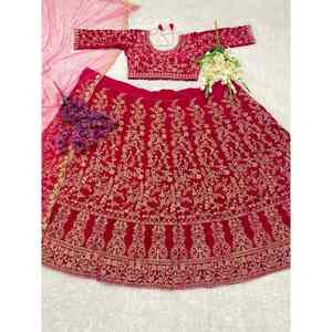 DESIGNER VELOURS BRODERIE CODAGE TRAVAIL LEHENGA CHOLI AVEC DUPATTA ROSE - Product Image 1