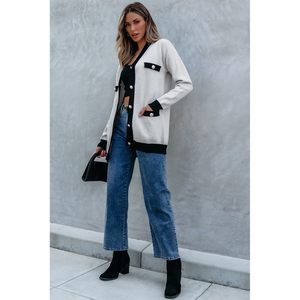 Women's Gray Knitted <b>Cardigan</b> <b>Long</b> Sleeve V-Neck Contrast Color Casual Button Closure Regular Fit All Seasons Wear - Product Image 4