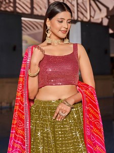Classic Green <b>Sequined</b> A-Line Lehenga With Pink Dupatta And Red <b>Crop</b> <b>Top</b> For Bridesmaid Wear - Product Image 5