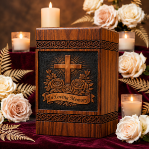 Urna Funeraria de Madera Marrón Estilo Europeo con Rosas y Cruz, Diseño Personalizable en Memoria de un Ser Querido - Product Image 3